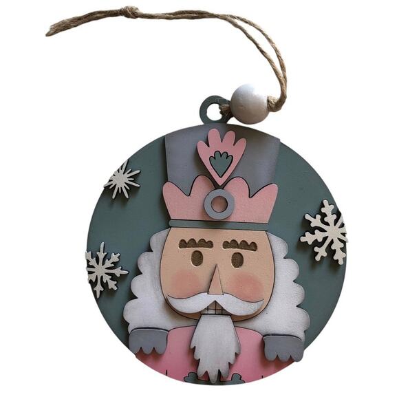 Whimsical Nutcracker Ornament - Pink, Gray & Green Hand Painted Wood - Picture 2 of 6